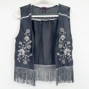 Rock & Roll Cowgirl Womens Black Embroidered Fringe Boho Western Vest Size M